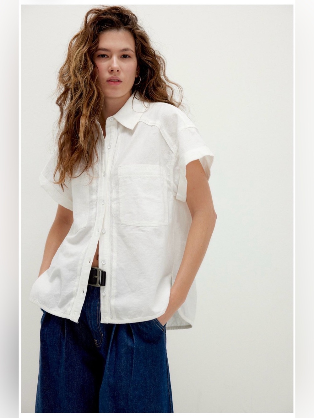 Free People Firefly Linen Relaxed White Short-Sleeve Button-Down Shirt NWOTP